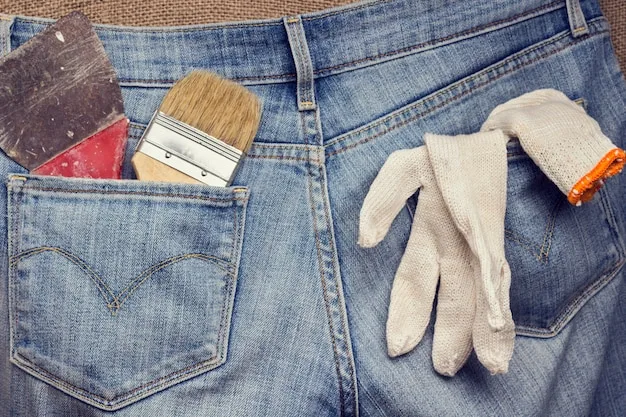 A pair of bleached distressed jeans lying flat, showcasing unique faded patterns and subtle rips, with tools like bleach bottles and gloves in the background.