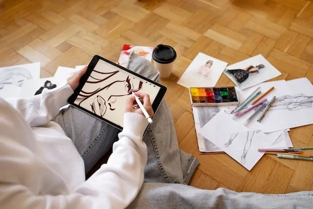 A digital concept sketch showing a musician sketching album art ideas on a tablet, with various design elements like colors, fonts, and abstract shapes floating around, indicating the iterative design process.