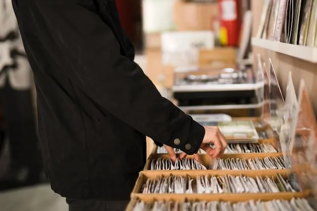 Close-up of a hand examining a rare vinyl record inside an independent record store, with shelves of unique albums blurred in the background, conveying a sense of discovery and connoisseurship in a subculture-specific setting.