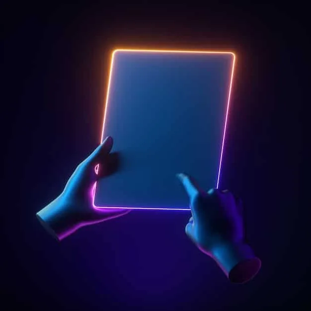 A digital artist's hands meticulously working on a glowing tablet, surrounded by floating icons representing digital files, copyright symbols, and social media logos, conveying the complexity of protecting digital art.
