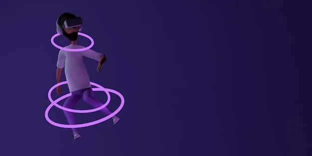 A person wearing a VR headset, standing in a dark room, surrounded by projected abstract shapes that respond to their movements.