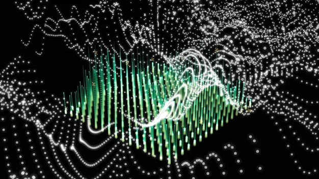 A stylized representation of a musical waveform intertwined with blockchain blocks, flowing from a recording studio setup towards a global network, symbolizing the digital lifecycle and distribution of music.