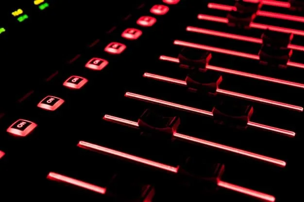 A close-up shot of a professional audio mixing console with illuminated buttons and faders, showcasing the intricate details of music production equipment.