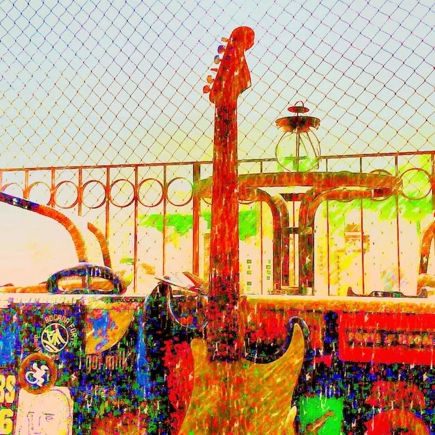 A bustling street art mural depicting diverse musical instruments and abstract sound waves, reflecting the vibrant and eclectic nature of underground music culture in a US urban setting.