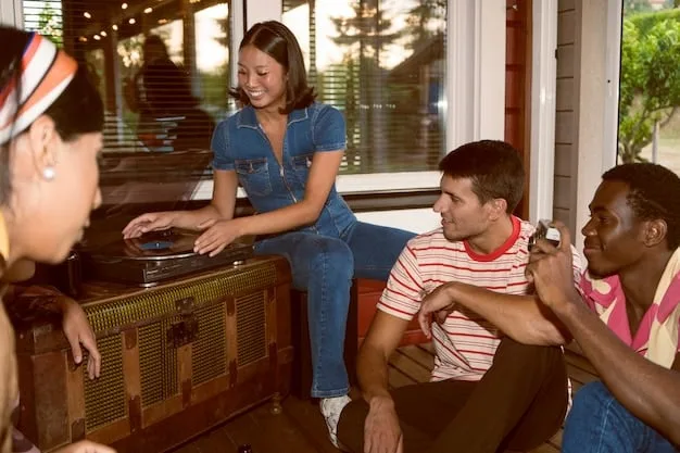 A diverse group of young adults gathered intently around a vinyl record player in a cozy, cluttered room, symbolizing the intimate and authentic connection to music in the underground scene.