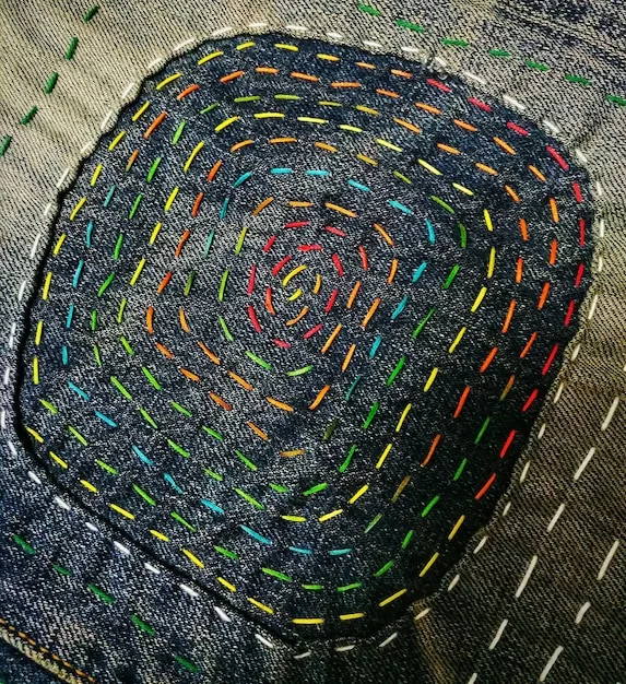A close-up shot of a hand-stitched patch on a denim jacket, showcasing intricate embroidery and unique design. The patch incorporates repurposed fabric scraps and environmentally friendly dyes.