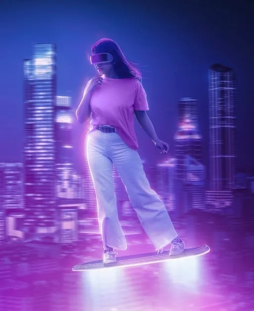 A digital rendering of a person wearing a futuristic, glowing outfit in a virtual cityscape. The outfit is highly detailed and features intricate patterns and textures, highlighting the possibilities of digital fashion.