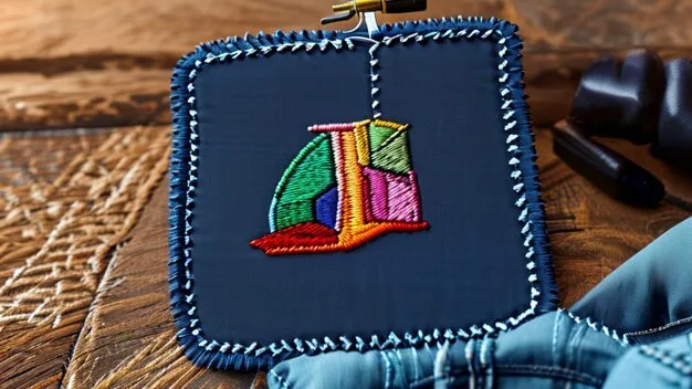 A close-up shot of a hand sewing patches onto a denim jacket. The patches are colorful and feature various symbols and designs, showcasing the DIY aspect of underground fashion.