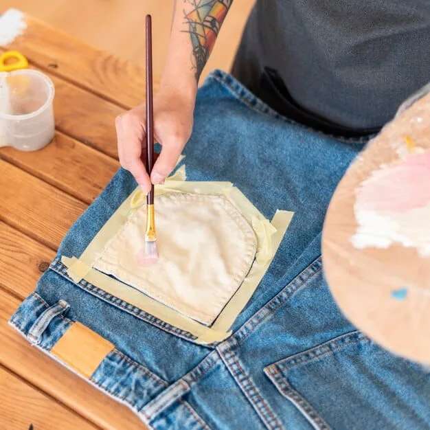 A close-up shot of a hand stenciling a bold, graphic design onto a plain denim jacket using spray paint. The design incorporates elements of street art and abstract expressionism, with vibrant colors and dynamic lines.