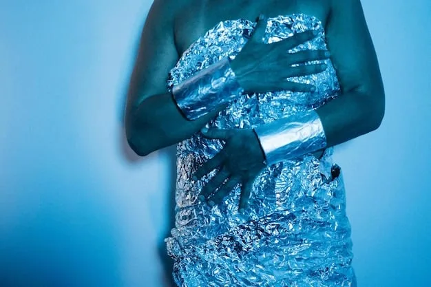 A model wearing a sculptural, avant-garde dress made from recycled materials, including plastic bottles, aluminum cans, and discarded fabric scraps. The dress is displayed in a brightly lit art gallery, surrounded by other eco-conscious art pieces.