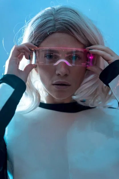 A person wearing a pair of oversized, futuristic goggles with integrated LED lights and a dark tinted visor, in a dimly lit, gritty urban environment. The goggles reflect the neon signs of the city, adding to the cyberpunk aesthetic.