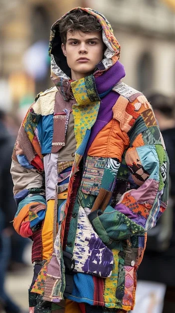 A vibrant street-style photograph showcasing a person wearing a jacket made entirely from recycled patches of different fabrics, with bold colors and unconventional asymmetry. The background suggests an urban setting with graffiti art, accentuating the underground fashion vibe.
