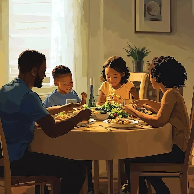 A family enjoying a meal together at a wooden table, illustrating the importance of relationships and shared experiences in slow living.