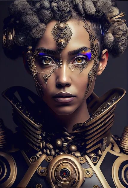A digital painting of a Black woman wearing a futuristic headpiece and ornate African jewelry, standing against a backdrop of stars and galaxies. Her expression is confident and serene, symbolizing the connection between heritage and future possibilities.