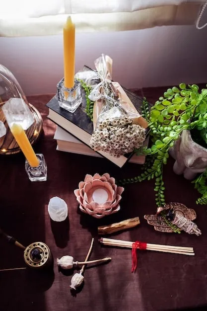 A close-up shot of a Wiccan altar decorated with crystals, candles, herbs, and tarot cards. The altar is set on a wooden table with a pentacle symbol prominently displayed. The lighting is soft and warm, creating a mystical and inviting atmosphere.