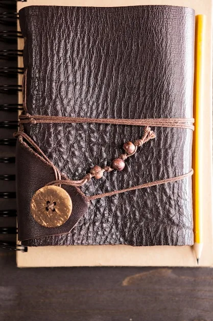 A close up shot of a intricately designed leather-bound journal, open to a page filled with handwritten notes, sketches of fantastical creatures, and pressed flowers. The journal is placed on a wooden table surrounded by various items such as vials, quills, and a wax-sealed letter, suggesting a character immersed in creating their own lore.