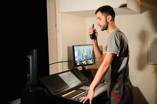 A close-up shot of sound engineer in a professional recording studio. He is adjusting levels on a mixing board, with various pieces of audio equipment visible around him. The image highlights the technical expertise required for high-quality music production.