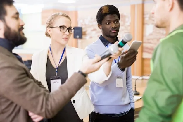 A group of music industry professionals networking at a music conference. The scene is lively and engaging, with people exchanging business cards and discussing potential collaborations.