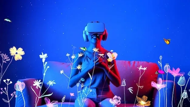 A person wearing a VR headset and sitting in a meditative pose. On the screen, they are immersed in a vibrant, otherworldly landscape filled with swirling colors and geometric patterns.