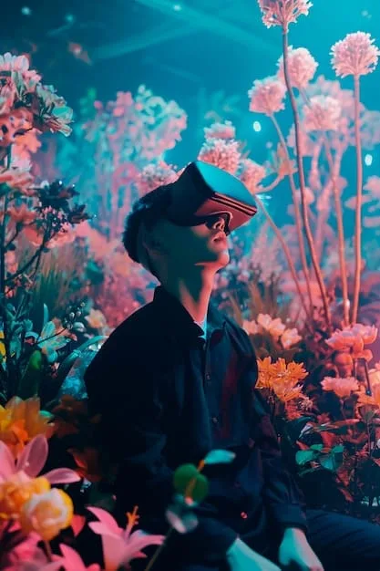 A person wearing a VR headset, surrounded by abstract digital art floating in virtual space. The background is dark, emphasizing the immersive nature of the experience.