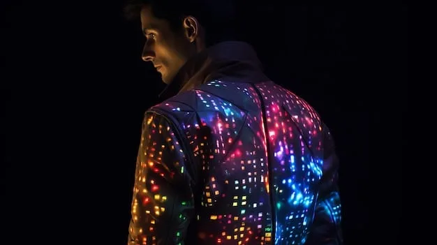 A person wearing a futuristic jacket with LED lights embedded in the fabric, creating a dynamic and customizable display. The lights are arranged in geometric patterns and can be programmed to change colors and animations.