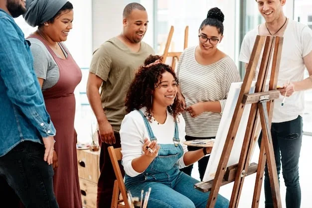 A diverse group of artists gathered at a workshop, excitedly discussing their project ideas and collaborating on a large whiteboard filled with sketches and notes. The atmosphere is energetic and supportive.