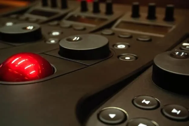 A close-up shot of a mixing console in a radio studio, with various knobs, buttons, and faders illuminated. The console is surrounded by audio equipment, creating a professional and high-tech atmosphere. A microphone stands ready in the foreground.