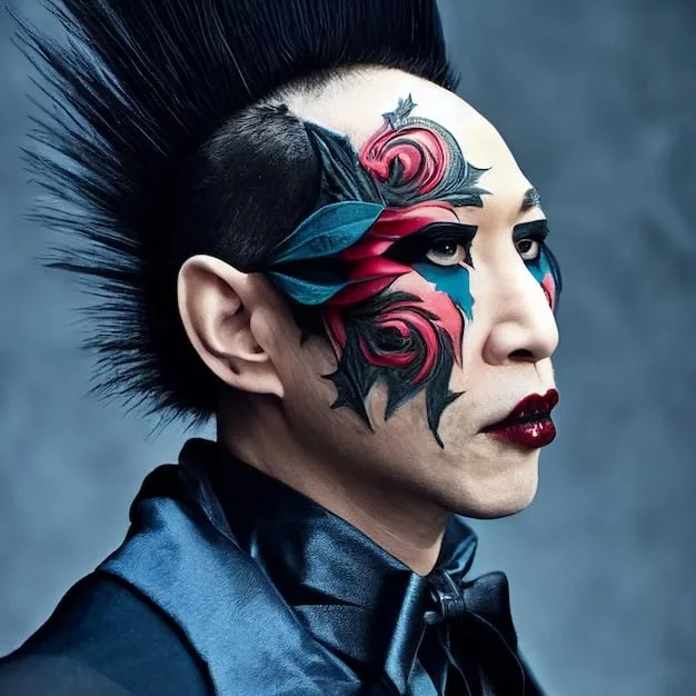 A close-up shot of a person wearing elaborate makeup and costume, deeply engrossed in character, with a determined and expressive face. The background shows a bustling convention or event, blurring out the distracting elements.