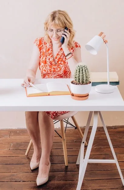 A woman sitting at a desk, writing a letter by hand. The desk is cluttered with paper, pens, and ink bottles, creating a vintage and artistic atmosphere. The woman appears focused and content, highlighting the satisfaction of engaging in traditional crafts in a digital world.
