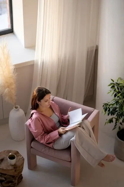 A cozy home interior featuring natural light, minimalist décor, and a person reading a book in a comfortable armchair, representing relaxation and simplicity.