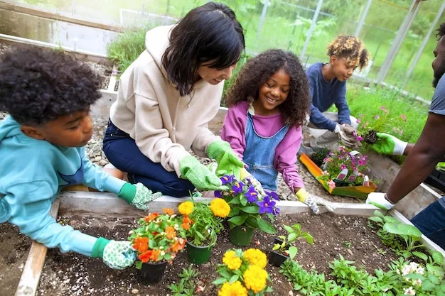 A diverse group of people engaged in a community garden, planting vegetables and flowers, symbolizing connection, sustainability, and well-being.