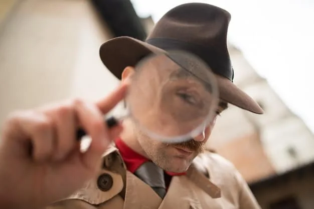 A person carefully examining the seams of a vintage leather jacket with a magnifying glass, with a focus on the stitching and the quality of the leather. The background is a softly lit vintage clothing store.