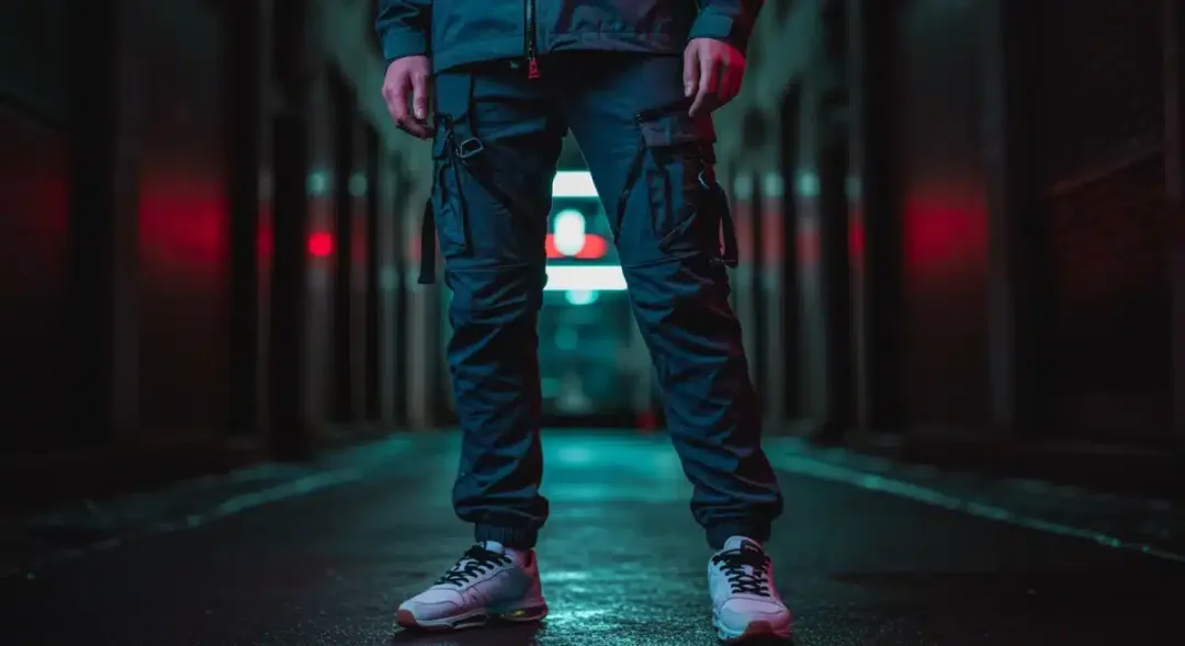 Person in advanced techwear, cargo pants, waterproof jacket, high-tech sneakers in urban alley.