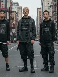 Diverse models in 2025 underground fashion: techwear, neo-grunge, artisanal avant-garde streetwear.