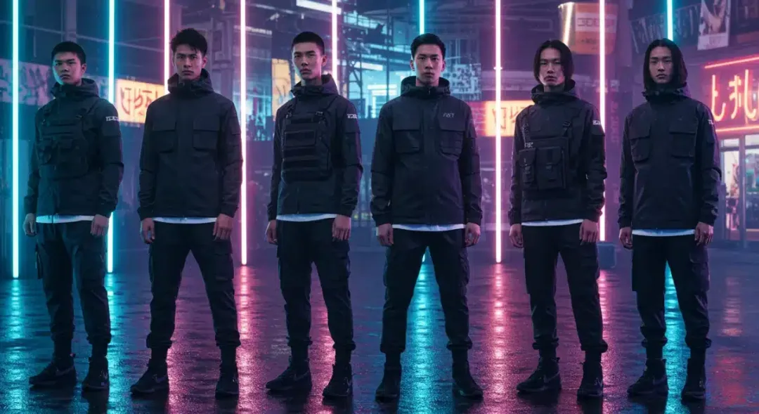 Futuristic urban scene with diverse individuals in techwear, highlighting functional fashion for performance.