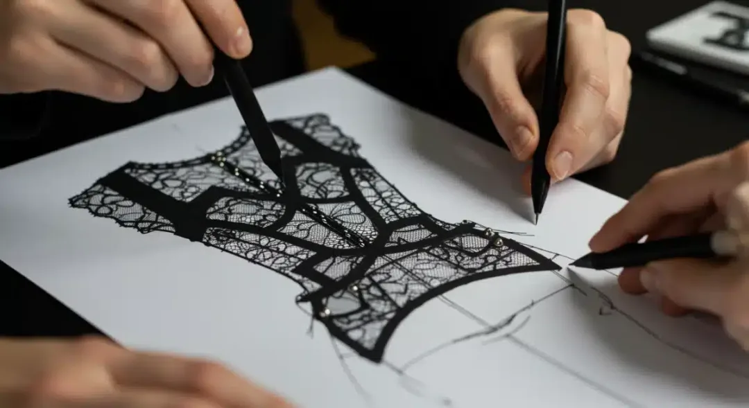 Designer sketching subculture-inspired fashion garment with gothic lace and punk studs.