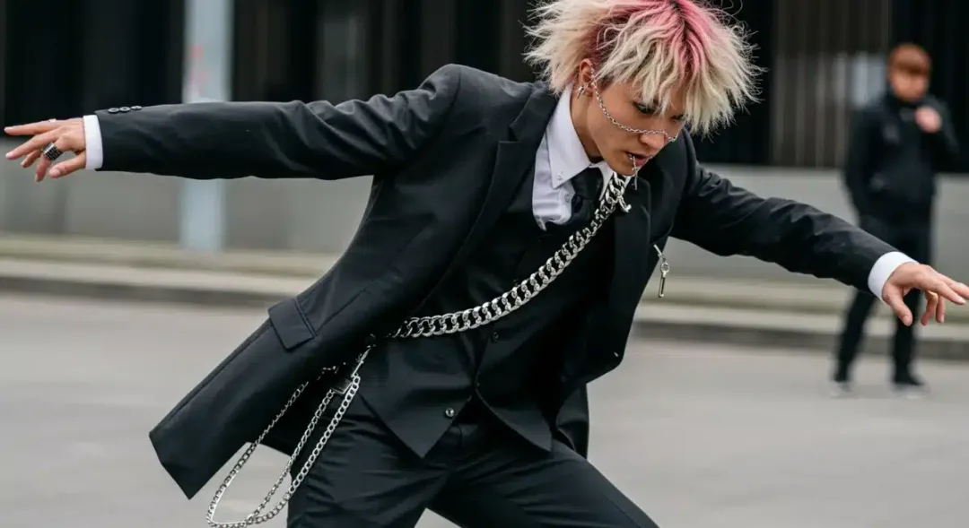 Street style showcasing luxury brand and subculture collaboration with avant-garde tailoring and unique accessories.