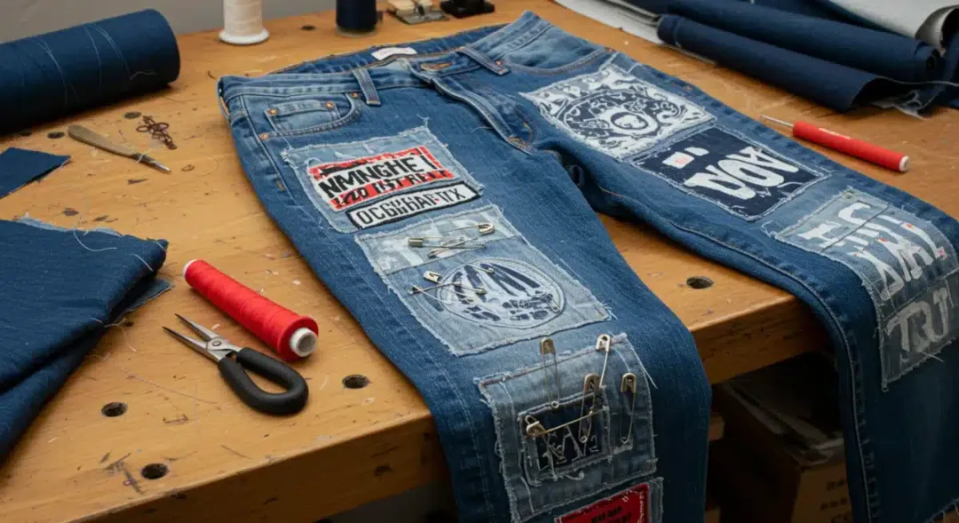 Customized denim jeans with patches and pins on a workbench