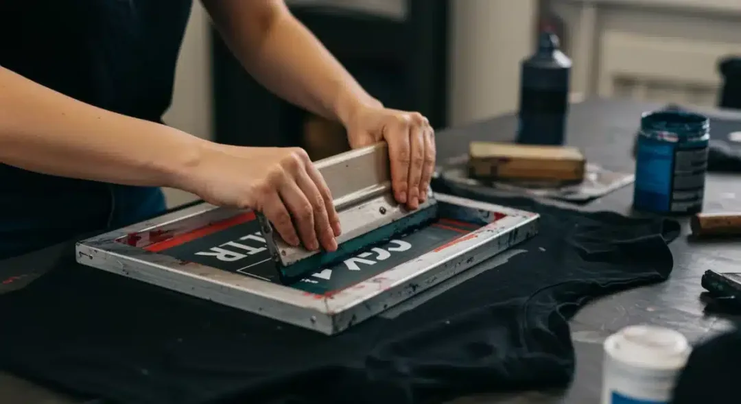 Hands screen printing a graphic onto a black t-shirt