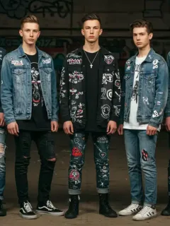 Diverse individuals in urban setting displaying DIY alternative fashion with customized clothing and accessories