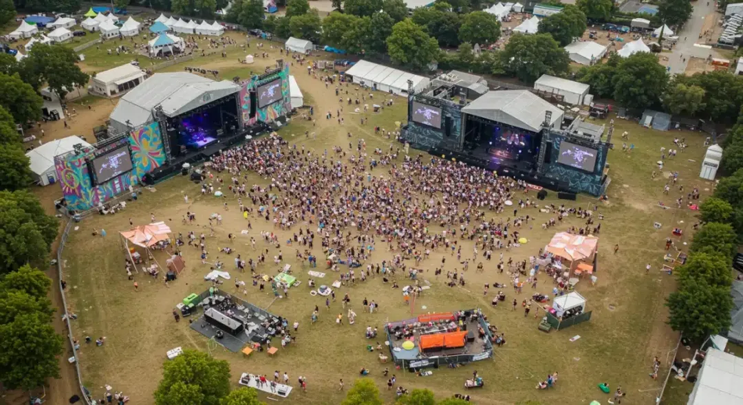 Aerial view of a US festival blending music stages and fashion brand installations.