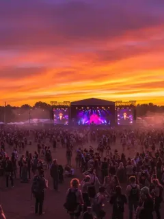 Vibrant music and fashion festival crowd at sunset, showcasing alternative trends.