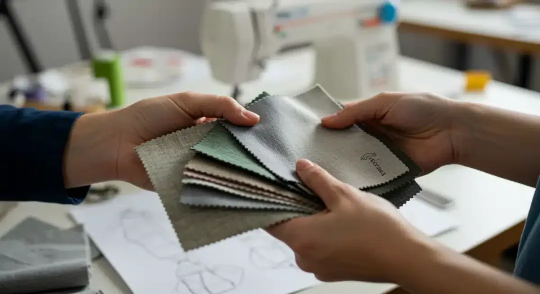 Hands examining sustainable fabric swatches, highlighting ethical material sourcing in apparel production.