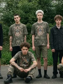 Diverse individuals showcasing sustainable alternative apparel in an urban green setting, embodying eco-conscious subcultures.