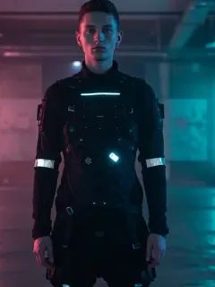 Futuristic model in upcycled techwear urban setting