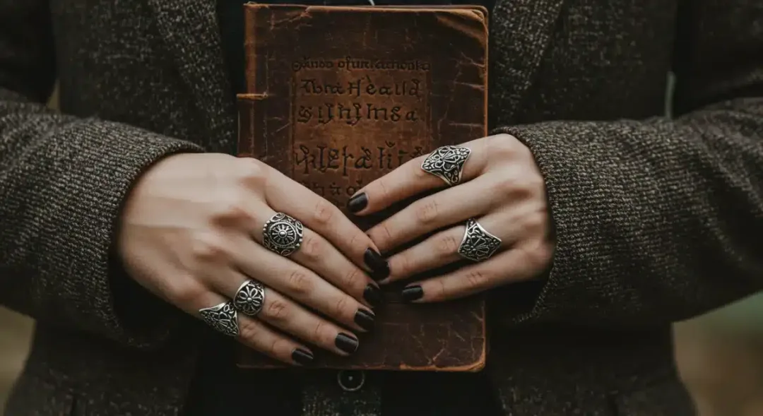 Hands with antique rings holding a leather journal, showcasing Neo-Gothic Intellectualism.