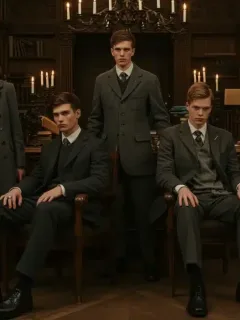 Students in Dark Academia fashion reading in a vintage library setting.