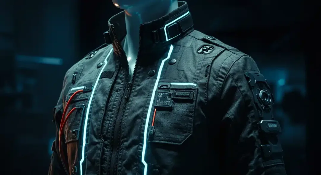 Detailed view of a cyberpunk jacket with glowing accents and tech details
