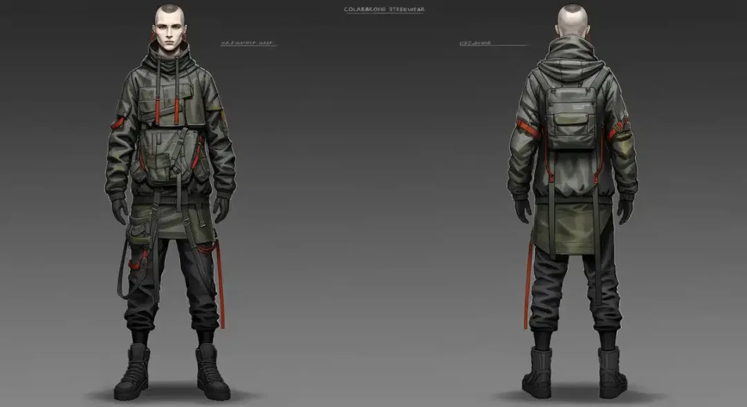 Conceptual sketch of dystopian avant-garde streetwear collaboration