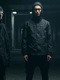 Avant-garde streetwear models in dark urban scene showcasing futuristic designs